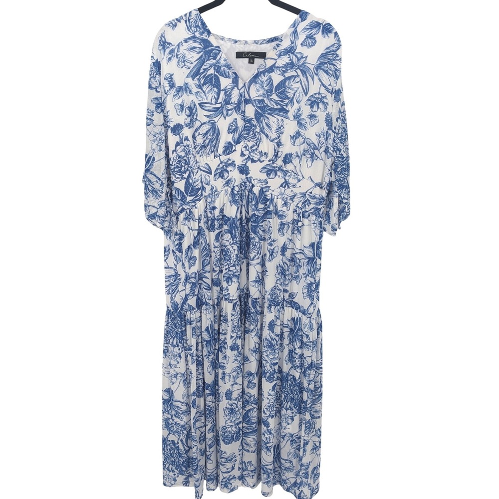 Calessa Dress Women XL Blue Floral Maxi Elastic Waist Flutter Sleeve Tiered Boho